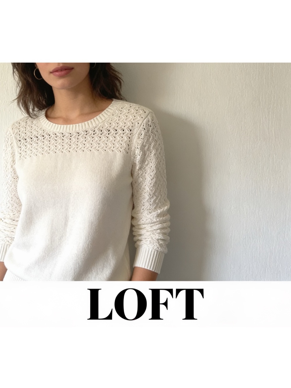 LOFT cream crewneck sweater with lace-knit yoke 100% cotton, NWOT